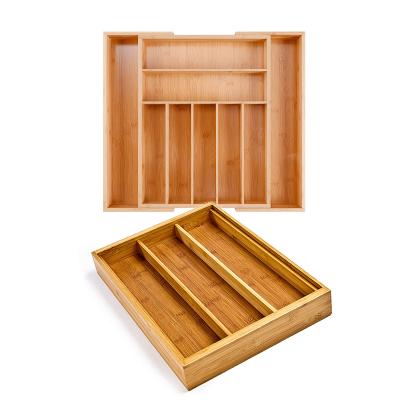 China Sustainable Natural Bamboo Adjustable Cutlery Drawer Organizer Bamboo Tray for sale