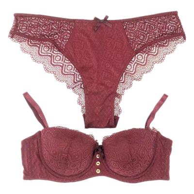 China Breathable Jacquard Microfiber Lace Buttons Pump Red Cup Underwire Dual Function Bra And Briefs Sets for sale