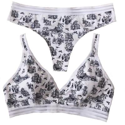 China 2022 New Manufacturer Cotton Chinese Style Printing Soft Cup Yarn Free Bra Panty Set for sale