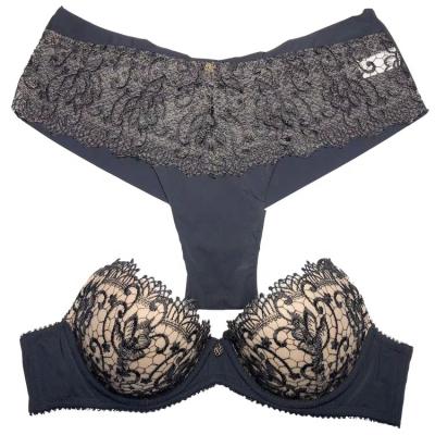 China Breathable Women's Popular Female Two-tone Embroidery Underwear Sexy Bra Panties Set Girls Open Hot Sexy Flower Luxury Black for sale