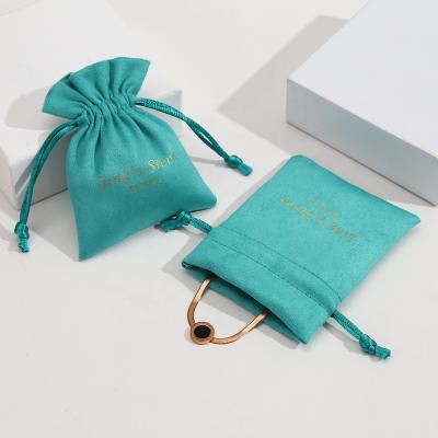 China Luxury Soft Green 7x9cm High Quality Jewelery Pouches With Custom Logo Suede Velvet Small Drawstring Bag for sale