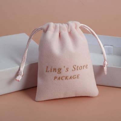 China Soft And High Quality Custom Pink 8x10cm Gifts Drawstring Bag Logo Printed Velvet Jewelry Pouch With Ribbon for sale