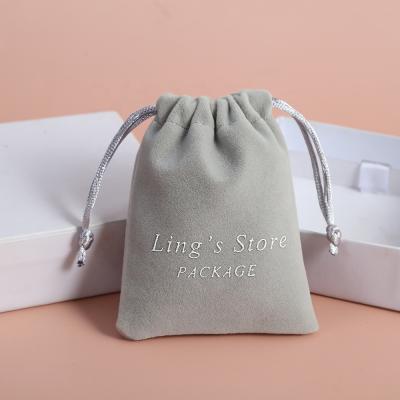 China Soft and High Quality Custom Drawstring Pouch Jewelry Pouch Velvet Logo Screen Print Gray Gift for sale