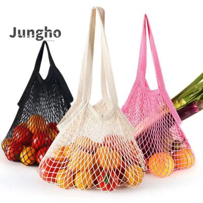 China Eco-friendly Reusable Reusable Tote Cotton String Mesh Net Handle Fruit Vegetable Grocery Shorts Reusable Shopping Bag With Long Handle for sale