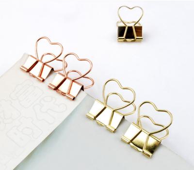 China Creative metal binder clip 19mm heart-shaped rose phoenix tail clip metal gold folder for sale