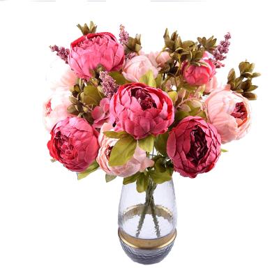 China Artificial Concert Flowers 30cm Rose Pink Silk Bouquet Peony Wedding Event 5 Big Heads 4 Small Bud Fake Flowers Bride Wedding Home Decoration for sale