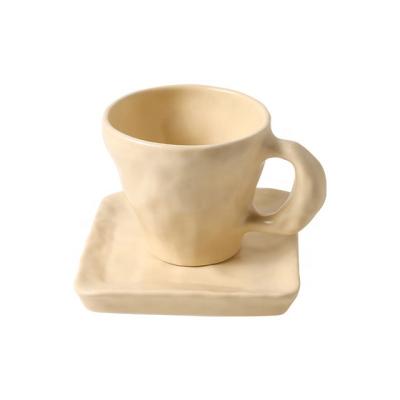 China Retro Color Coffee Cup And Saucer Cup Sustainable Cream Ceramic Porcelain Cup Decorative Niche Ornament With Tray for sale