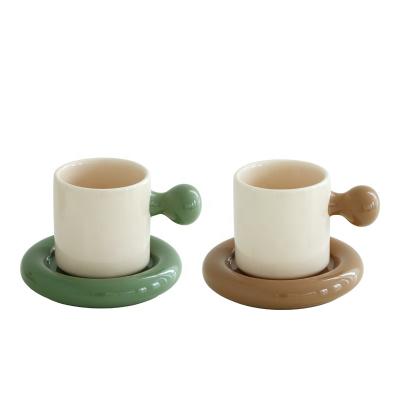 China Small Ball Handle Milk Porcelain Cup Viable Hot Selling Retro Color Matching Coffee Set Mug With Saucer Ceramic Cup For Couple for sale