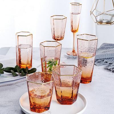 China Glass House Gold Rim Barware Champagne Glass Goblet Tequila Whiskey Wine Transparent Hexagon Stripe Hammer Glass for sale