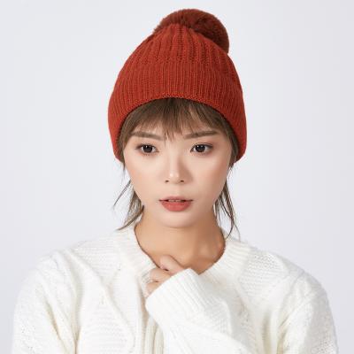 China COMMON 2021 Newly Selling Furry Warm Beanie Hat Fashionable Knitted Pompom Hat For Women for sale