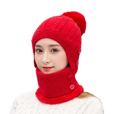 China 2021 Mid Medium Hot Ladies With Buttons Solid Color Hat Scarf Set Wholesale Custom Knitted Beanie Hat Scarf for sale