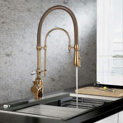 China Modern EVA High Arc Rotating Dual Mode Pull Down Sprayer Kitchen Sink Faucet With Ceramic Single Handle Polished Gold for sale