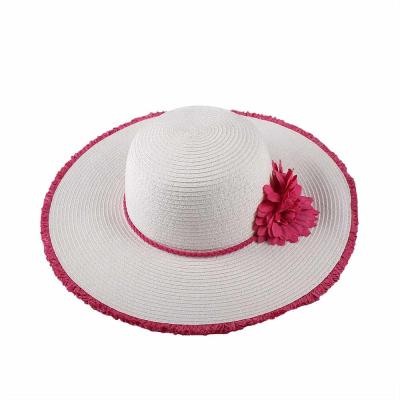 China Fashion Brand Soft White Floppy Hat With Straw Edged Summer Beach Ladies Fuchsia Straw Hat With Flower On Waist And Band for sale