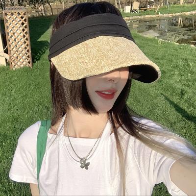 China 2021 Popular Summer Stone Ins Raffia Lace+bling Straw Sun Visor Cap Hat With Ribbon Band Stylish Raffia Straw Visor Hat for sale