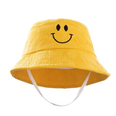 China 2021 Winter Kids Corduroy Barred Bucket Hat With Embroidery Smile Face Kids Designer Bucket Hats Kids Logo For 1-4 Years Old for sale