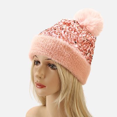 China Fall and Winter Bling Bling Beanie Stylish Amazon Selling COMMON 2021 Pompom Beanie Hat with Bling Foil for sale