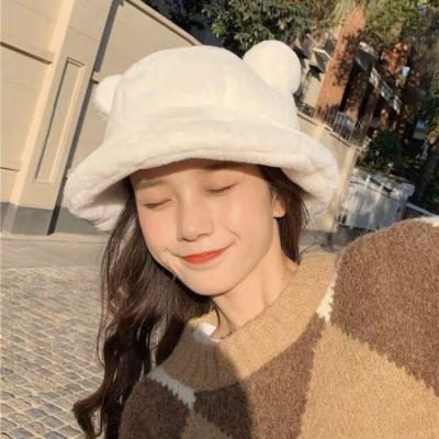 China 2021 Korean and Japanese style Fuzzy Bucket Hat Plush, cute winter hat bear, autumn and winter 2021 hats for sale