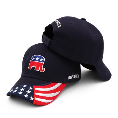 China New Design 2024 US JOINT Presidential Election Republican Baseball Cap Hat With Embroidered Elephant And Full Bill National Flag for sale