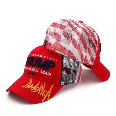 China Red And Camouflage Mesh Save America Again Trump COMMON Hat With Donald Trump Embroidered Signature With National Flag Printed On Mesh for sale