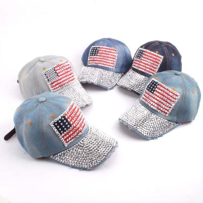 China COMMON 2021 USA Design Denim Jean Baseball Hats Bling Stones, USA Flag Rhinestone Studded Hat, Glister Rhinestones Hats Baseball Cap for sale