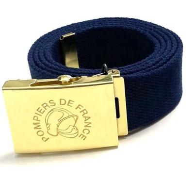 China High quality durable 3.8cm polyester webbing belt with gold color buckle and Lasering Logo For France for sale