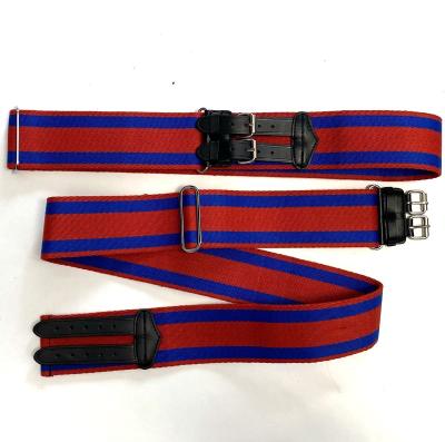 China Durable high quality 65mm red and blue color webbing stable belt with black leather and iron buckle for sale