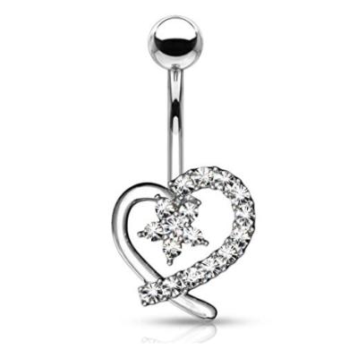 China Vintage Hollow Heart with CZ Flower Navel Ring Stainless Steel Navel Ring for sale