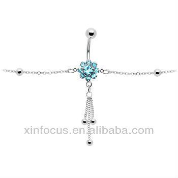 China Stainless Steel and Blue Bold Jeweled Flower Dangle Belly Chain Fashion Rhinestone Navel Belly Rings Waist Chains for sale