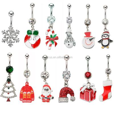 China 14G Stainless Steel Belly Belly Button Ring With Candy Cane Christmas Stocking Tree Garland Snowflake Santa Hat Red Present Snowman Dangle Charm for sale