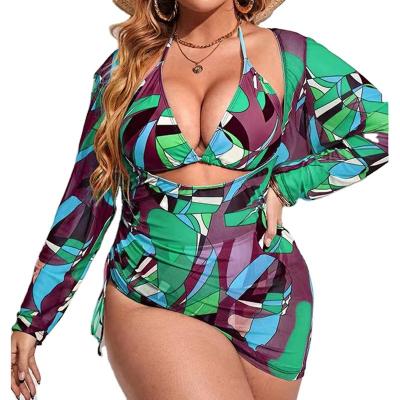 China 2023 new European and American large size women's swimwear mesh yarn cover sunscreen three-piece QUICK DRY digital printing bikinis for sale