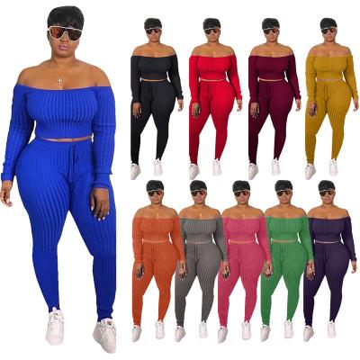 China Plus Size Anti Pilling Fits Salon Wear Spring Creams Two Piece Sets Pants Set Off Shoulder Logo Sweatsuits Nylon Solid Custom Tracksuit for sale