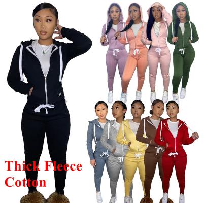 China 2022 QUICK DRY women's winter wear zipper hoodie set women thick tracksuit Sweatsuit cotton fleece tracker two-piece set for sale