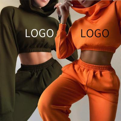 China QUICK DRY Custom Logo Women Winter Clothes 2 Piece Drop Set Woman High Waist Pants Crop Hoodies Sweatpants And Hoodie Set Jogger Sweatsuit for sale