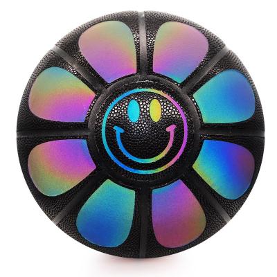 China Art Collection Black Good Grip Smiley Flower Face Basketball Holographic Reflective Glow In The Dark Ball For Fun for sale