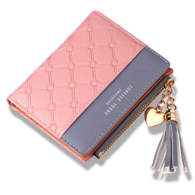 China Fashionable Ladies Short Purse Contrast Color Short Wallet Tassel Zipper Multi-Card Quilted Coin Purse for sale