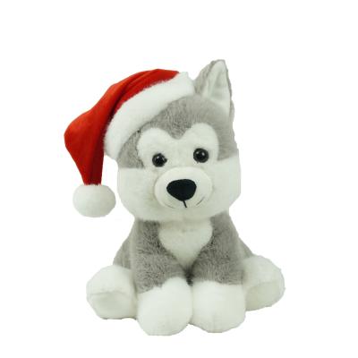 China Custom Plush Christmas Dog Toys/Gifts/Christmas Husky Puppy Plush Puppy With Christmas Santa Hat for sale