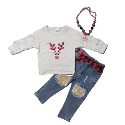 China 2021 Casual Baby Fall Winter Christmas Tree Reindeer Cotton Denim Panties Set for sale