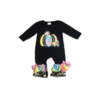 China Casual Babies Fall Winter Halloween Cute Lace Ruffle Tie Dye Pumpkin Romper for sale