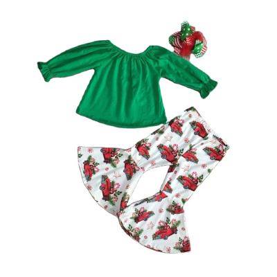 China Christmas Casual Outfits Girls Clothes Baby Solid Green Tops With Gifts Car Bell Bottom Pants Girls Boutique Clothes for sale