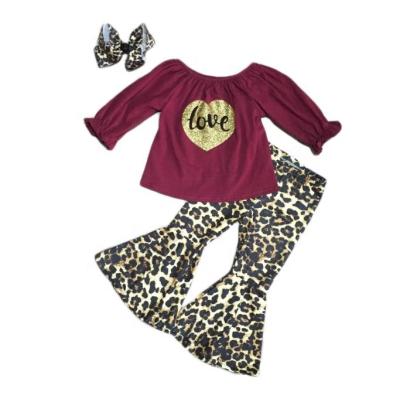 China Kids Cotton Ruffle Tops Valentine's Day Spring/Winter Casual Outfits With Ruffle Bell Leopard Panties for sale