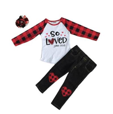 China Kids Cotton Ruffle Buffalo Plaid Top Valentine's Day Spring / Winter Casual Outfit With Jeans Bottom for sale