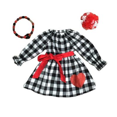 China Valentine's Day Babies Kids Cotton Spring Casual Ruffles Love Heart Plaid Dress Knee Length for sale