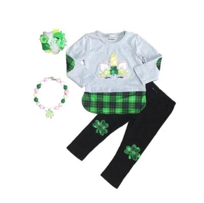 China Casual St Patrick's Day green applique unicorn shamrock gray top with shamrock patch match accessories for sale