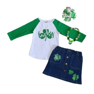 China Casual St. Patrick's Day green lucky shamrock print raglan top with half denim skirt one-line outfit for sale