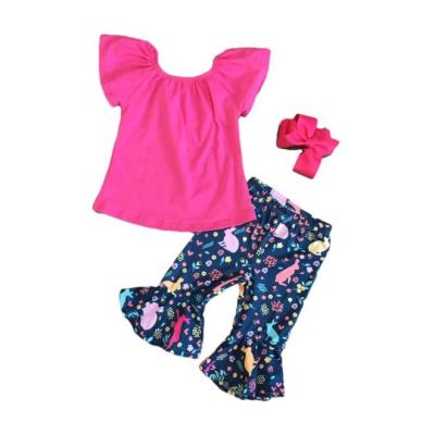 China Casual Easter Babies Spring Silk Cotton Bunny Milk Gear Ruffle Top With Floral Bunny Capri Panty Set for sale