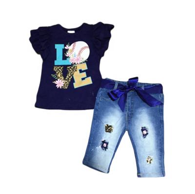 China New Arrivals Summer Babies Casual Jeans Capri Set LOVE Baseball Ruffle Floral Top for sale