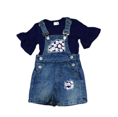 China New Arrivals Summer New Arrivals Baby Kids Clothing Baseball Outfits Denim Shorts Cotton Navy Casual Milk Silk Overall Top Ruffles for sale