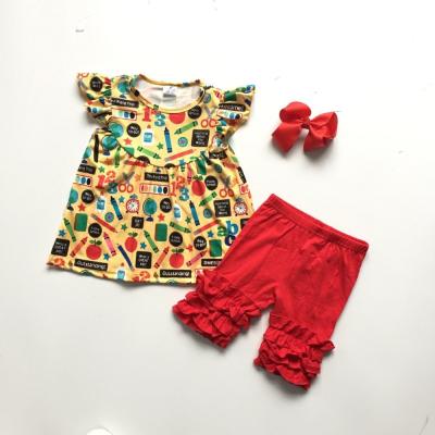 China Casual Baby Boutique Clothes Babies Back To School Clothes Kids Pencil Letters Print Ruffle Top Red Panty With Accessories for sale