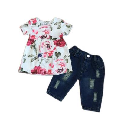 China New Arrivals Casual Spring/Summer Baby Jeans Capri Set Floral Top Pink Flower Blue Jeans Kids Wear for sale