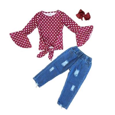 China Outfit Cotton Polka Dot Spring / Winter Casual Babies Ruffles Top With Jeans for sale